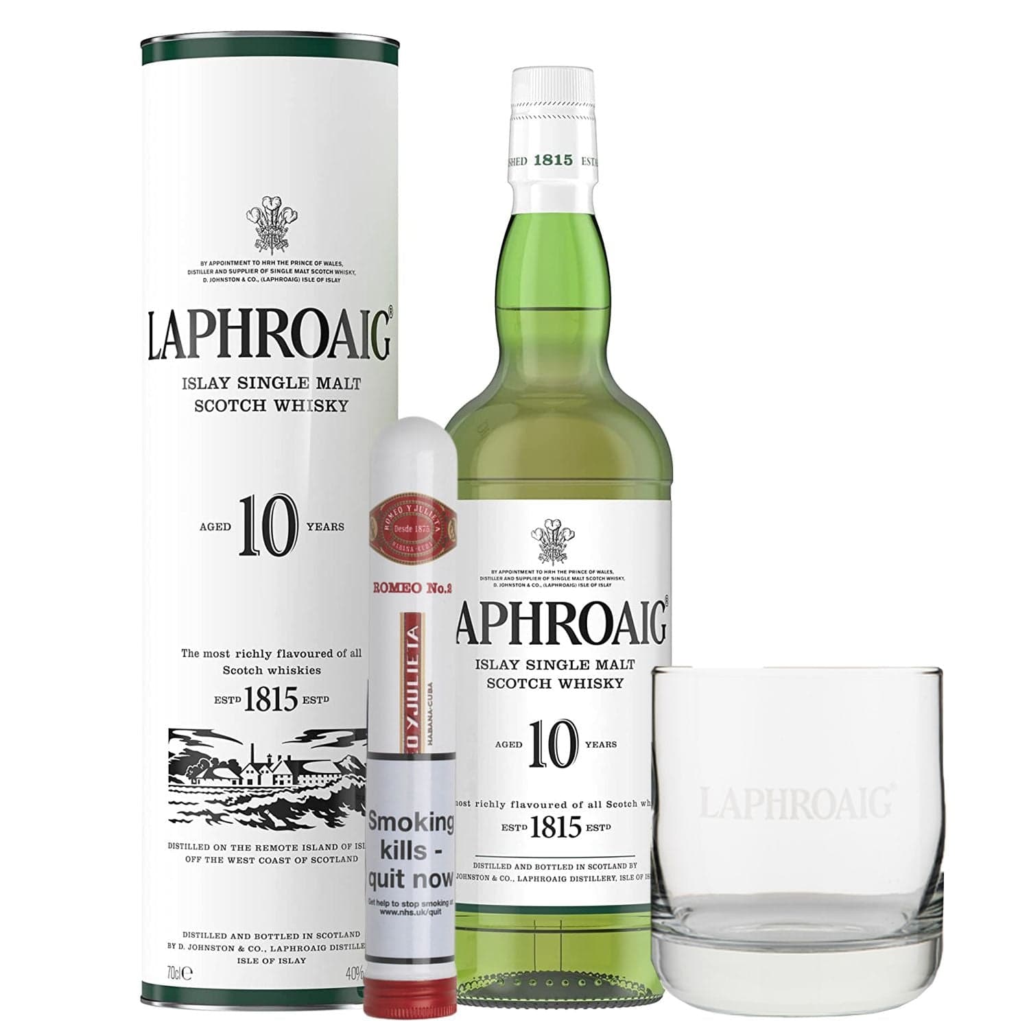 Laphroaig 10 Year Old Whisky, Glass & Romeo y Julieta No.2 Cigar Gift Bundle 70cl