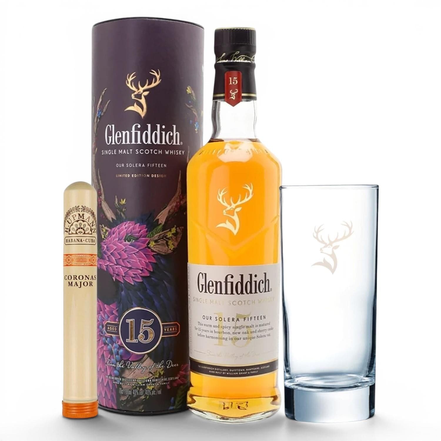 Glenfiddich 15 Year Old Whisky, H. Upmann Cigar & Highball Glass Gift Bundle 70cl