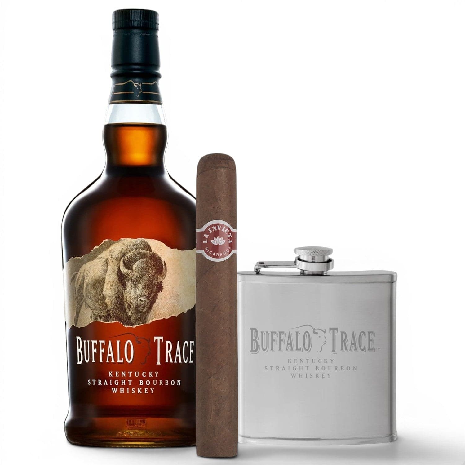 Buffalo Trace Bourbon, Cigar & Hip Flask Gift Bundle 70cl